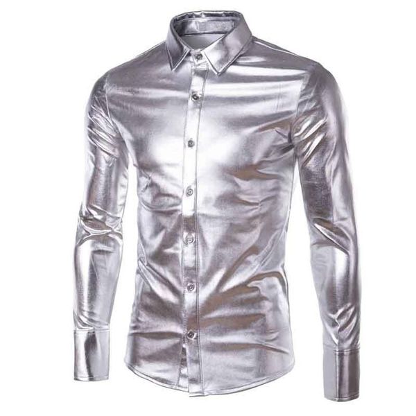 Herrenhemden Gold Silber Glänzende Lederbeschichtung Hemd Männer Clubwear Mode Langarm Top Button Up Punk-Stil Hip Hop 272I