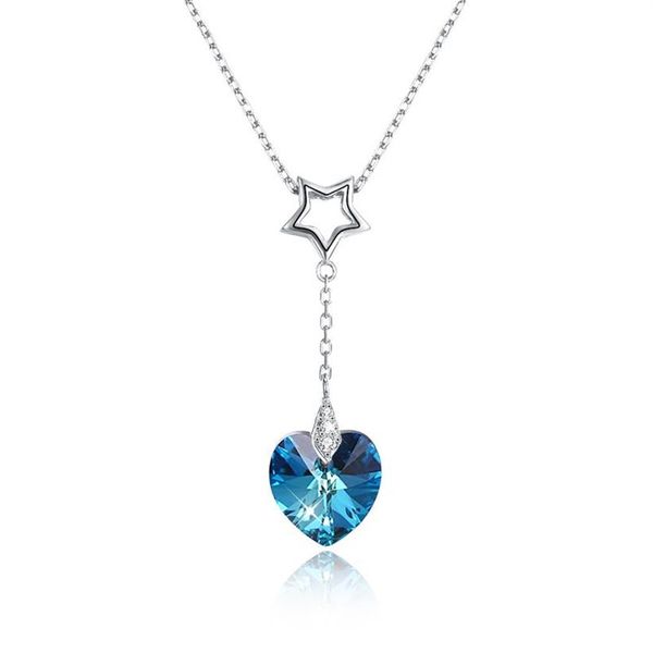Menrose genuíno s925 prata esterlina coração pingente de cristal colar safira azul e ouro 2 cores tendências da moda jóias presente fo2207