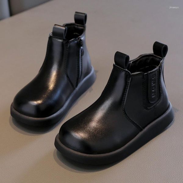 Botas meninas outono inverno crianças tornozelo preto moda princesa sapatos de dedo redondo estilo britânico crianças couro fosco