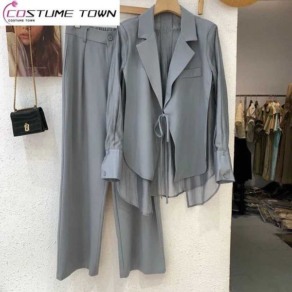 Calças femininas de duas peças verão nova oco proteção solar chiffon camisa blazer perna larga conjunto elegante roupas de escritório