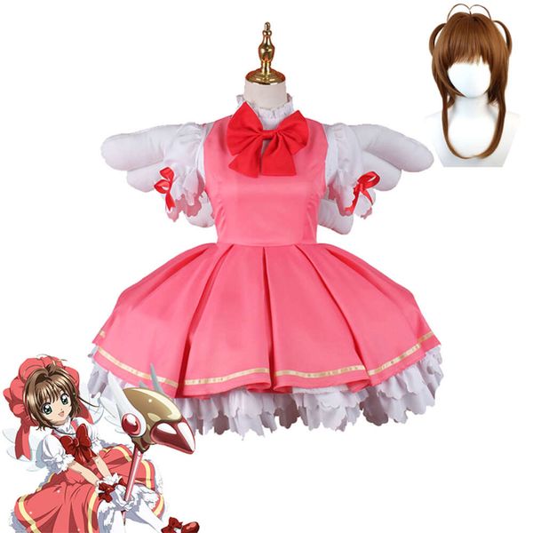 Anime cartão captor cosplay kinomto sakura cosplay traje rosa branco batalha terno peruca menina asas vestido traje de halloween para womencosplay