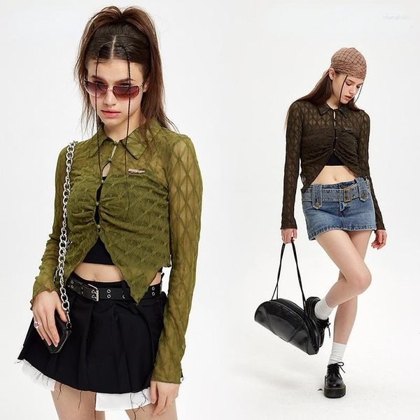 Damenblusen Frühling Mädchen Hohlhemden Frauen Sexy Geerntete Kurze Tops Unregelmäßiges Hemd Slim Fit Straße Hipster Langarmkleidung