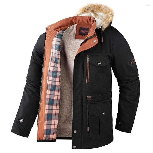 Jaquetas masculinas engrossar jaqueta de carga casaco inverno quente gola de pele com capuz para homens ao ar livre lã forrada militar chaquetas hombre