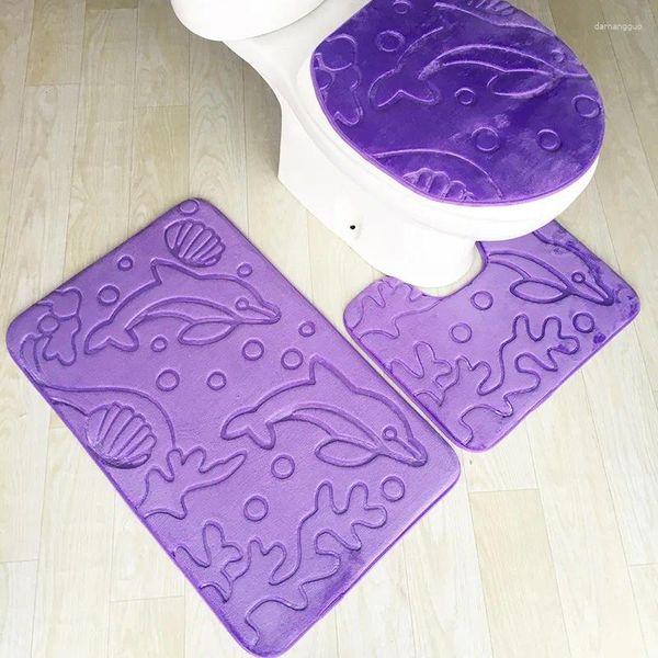 Tampas de assento do vaso sanitário fabricantes direto golfinho flanela em relevo tapete de três peças banheiro absorvente antiderrapante piso