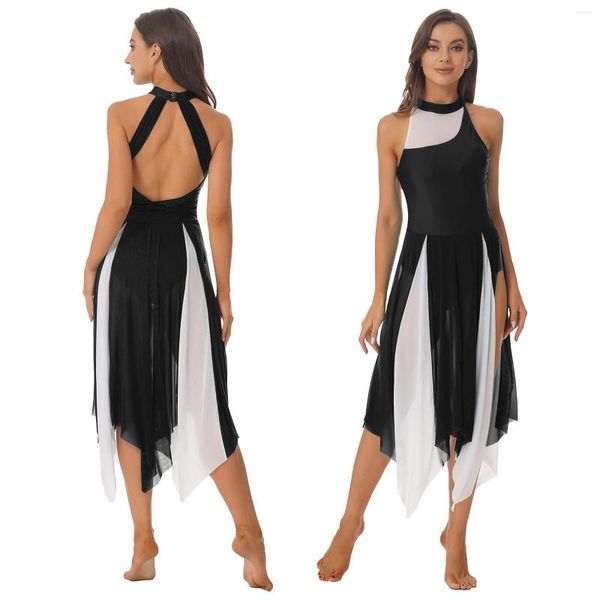 Stage Wear Womens Color Block Sem Mangas Ballet Lyrical Dress Sheer Malha Irregular Hem Dança Moderna Performance Contemporânea Traje