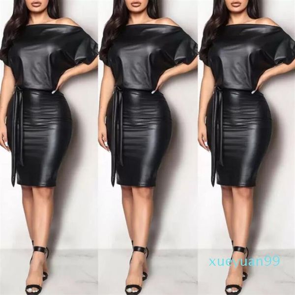 Vestidos casuais preto assimétrico sexy falso couro bodycon vestido mulheres verão manga longa joelho comprimento lápis311s