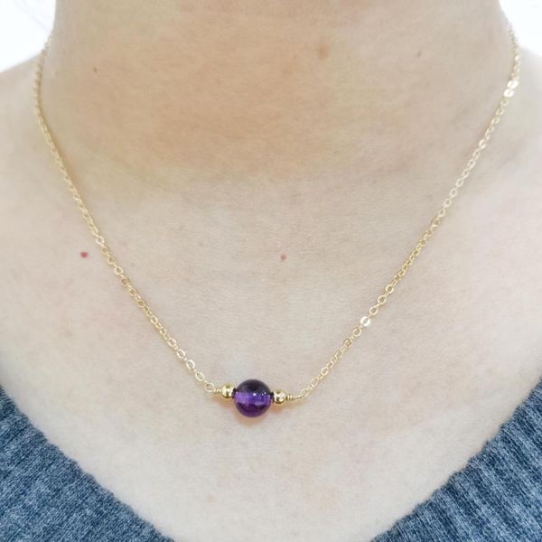 Anhänger Halskette mit natürlichem Amethyst, rund, hochwertig, mit 14 Karat Gold gefüllt, Vintage-Halsketten, handgefertigt für elegante Frauen