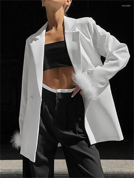 Женские куртки Zabrina, осень 2023, белый кардиган, пиджак, пальто для женщин, верхняя одежда с пушистыми перьями, костюм с лацканами, модная свободная женская верхняя одежда