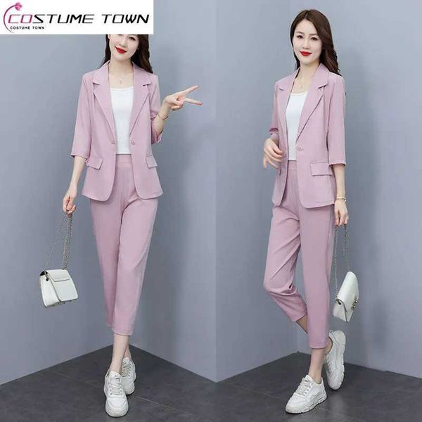 Frauen Zweiteilige Hosen Koreanischen Stil Dünne Jacke Blazer Casual Bleistift Zweiteiler Elegante Set Sommer Büro Outfits Kleidung