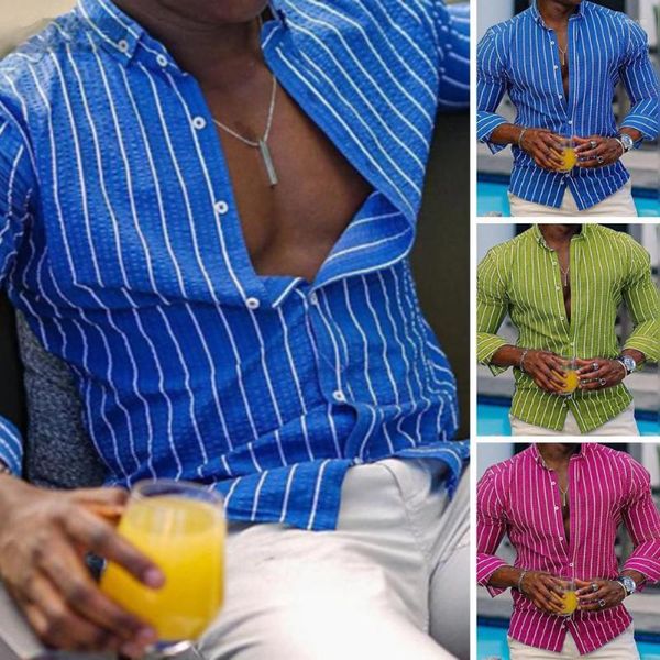 Camicie casual maschile uomini a maniche lunghe a maniche lunghe con stampa a strisce verticali a strisce singolo slim fit da lavoro a colori vivaci t-shirt