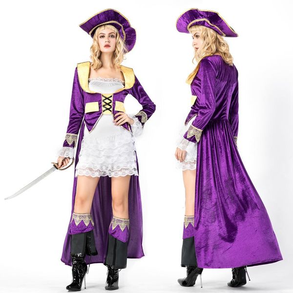 Nova chegada roxo feminino pirata robe traje pirata roupa de desempenho de palco feito de tecido de seda de leite