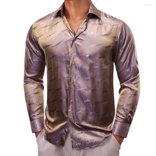 Camicie casual da uomo di lusso per uomo in raso di seta viola marrone lucido manica lunga slim fit camicette maschili colletto trun top abbigliamento traspirante