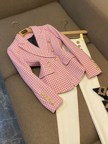 2023 Autunno Rosa Blazer con pannelli pied de poule Manica lunga Bottoni con risvolto e cappotti doppiopetto O3O072106