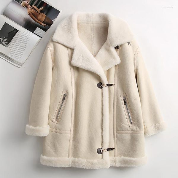 Couro feminino 2023 real longo shearling casaco inverno quente dupla face forro de pele de cordeiro grosso jaquetas de pele carneiro mh389