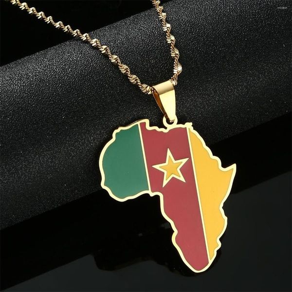 Colares de pingente na moda cor de ouro de aço inoxidável esmalte África Camarões Mapa Camarões Bandeira Moda Jóias