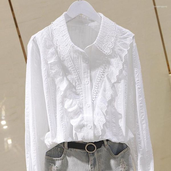 Blusas femininas de algodão branco babados camisa feminina 2023 outono moda coreano manga comprida versátil blusa solta parte inferior