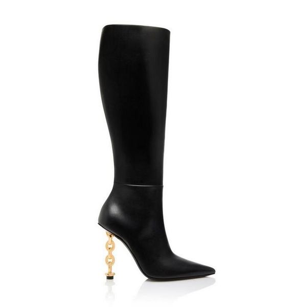 Designer de luxo senhora couro camurça cadeado couro saltos de corrente botas bombas zíper abertura meia botas mulheres botas curtas vestido preto calcanhar mulheres