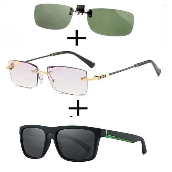 Sonnenbrillen 3 Stück!!! Randlose, rahmenlose Luxus-Lesebrille für Männer und Frauen, polarisiert, quadratischer Clip