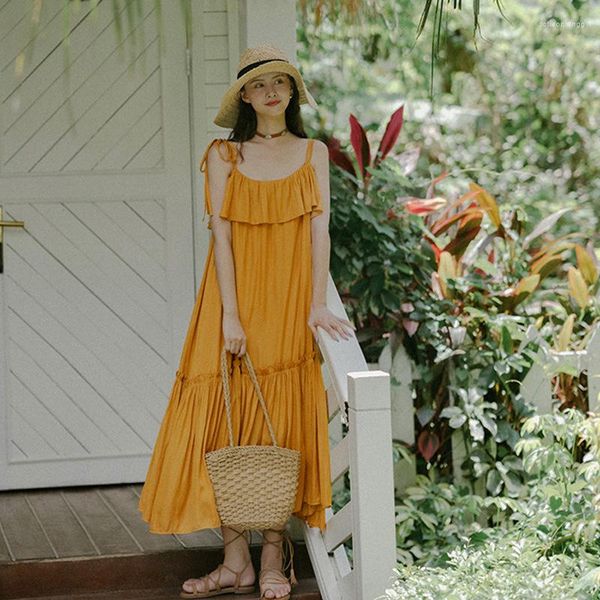 Suéteres femininos estilo férias suspender saia grande solto boêmio longo sanya fada vestido sem costas praia verão