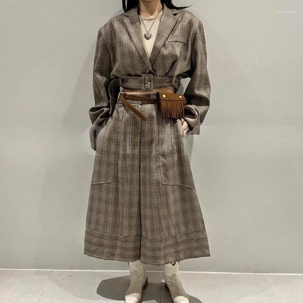 Женские брюки из двух предметов, тканевый женский клетчатый короткий пиджак, костюм с длинным рукавом, куртка с поясом, пальто с высокой талией и широкими брюками, комплект TA242