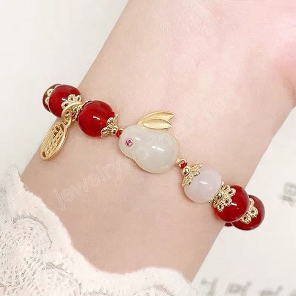 Bracciale con ciondolo a forma di coniglio in giada di Hetian per donna uomo coppia Marau rosso braccialetti con perline in corda nera intrecciata a mano regali di compleanno per amici