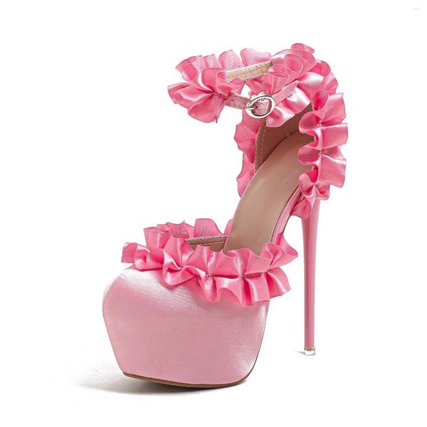 Sapatos de vestido 16cm salto alto babados oco salto fino rosa casamento mulheres bombas preto