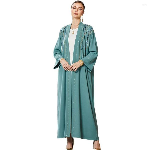 Abbigliamento etnico da donna in raso di seta verde fatto a mano con perline di diamanti di lusso Dubai musulmano bling aperto Abaya cardigan kimono a maniche larghe