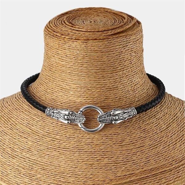 Echtes Leder Halsband Halskette Drachenhalsband Halsband mit schwarzem geflochtenem Leder 13 -17 2296