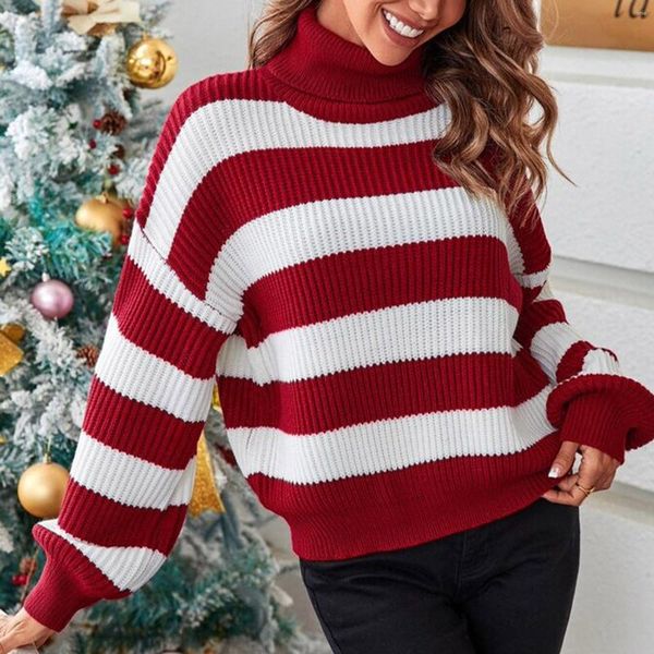 Suéteres femininos vermelho listrado camisola de natal branco jumpers outono inverno manga longa mulheres grossas y2k gola alta 2023 pullovers