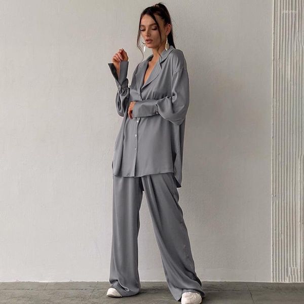 Pantaloni a due pezzi da donna 2023 Autunno e inverno Colletto a maniche lunghe Camicia a vita alta Gamba larga Set a due pezzi