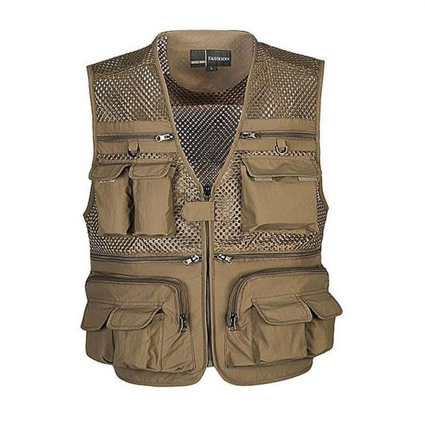 Coletes inteiros dos homens sem mangas jaqueta de algodão colete viagem bolso repórter jornalista pographer colete 4xl gilet khak311f