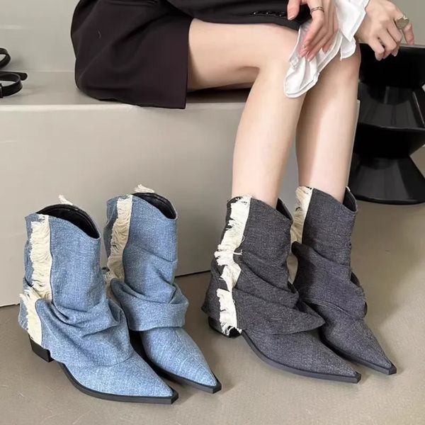 Botlar Pileli Denim Cowgirl Botlar Kadınlar için Sonbahar Nemli Ayak Toe Yüksek Topuklu Ayak Bileği Botları Kadın Püskül Mavi Kot Kovboy Öngen 231007