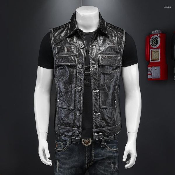 Gilet da uomo Gilet in pelle PU vintage da uomo Giacche senza maniche con tasche grandi Gilet nero casual alla moda