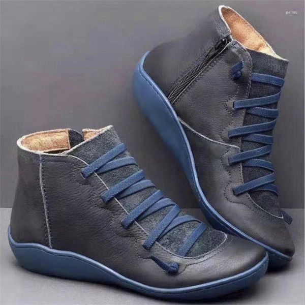 Stivali Blu Casual da donna in pelle piatta Retro con lacci Cerniera laterale Punta tonda Scarpa alla caviglia Zapatos Mujer Wram Botas