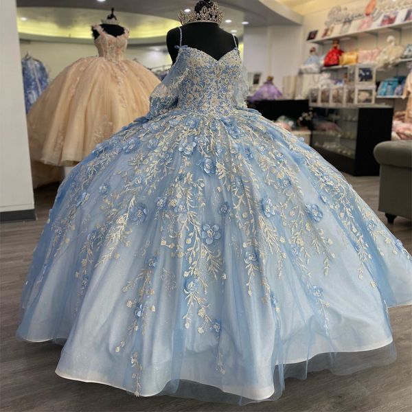 Céu azul com decote em v vestidos quinceanera princesa vestido de baile tule rendas até apliques contas flor doce 15 16 vestido elegante balll gwon