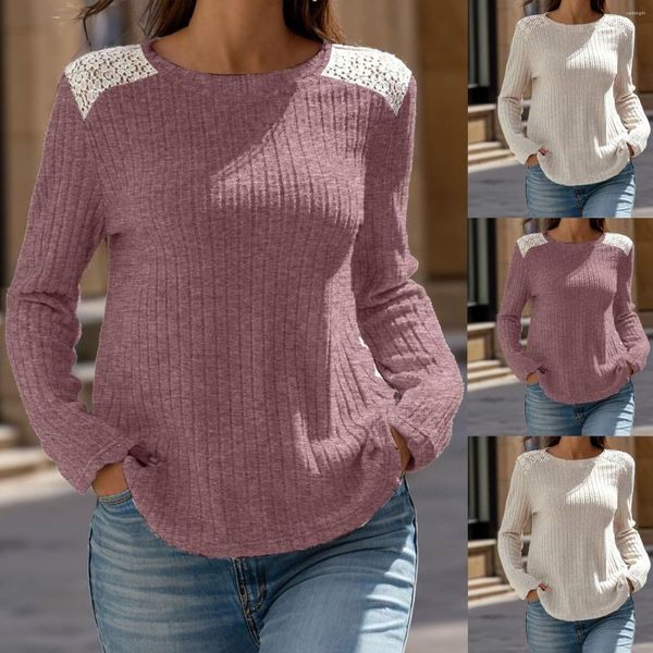 Camicette da donna T-shirt da donna Confezione autunno e inverno Girocollo a costine in pizzo spazzolato a maniche lunghe in maglia con scollo a cuore