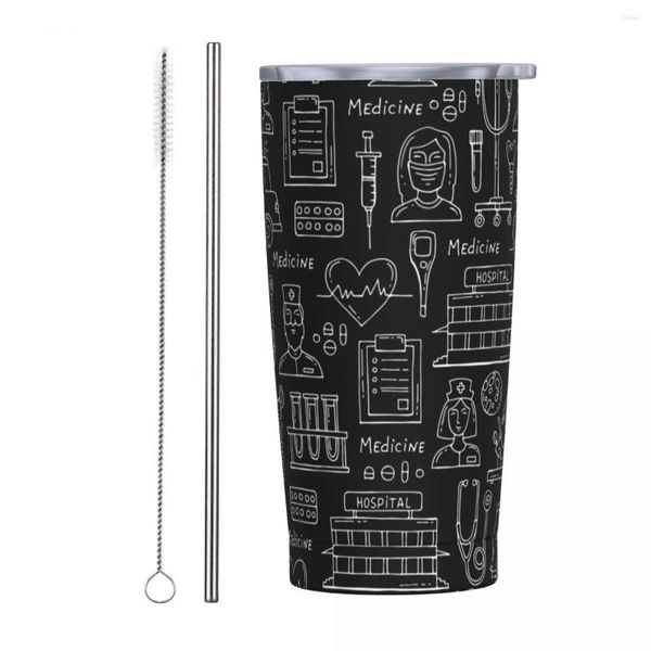 Tumblers Médicos Enfermagem 20 Oz Tumbler Vácuo Isolado Copo Térmico com Tampa e Palha Caneca de Parede Dupla de Aço Inoxidável