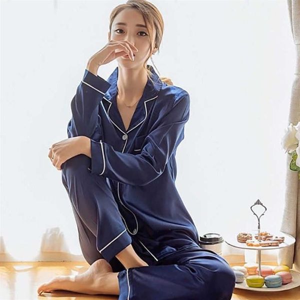 Moda listrado único-breasted manga longa conjuntos de duas peças primavera outono solto seda cetim pijamas conjunto feminino sleepwear q0706165u
