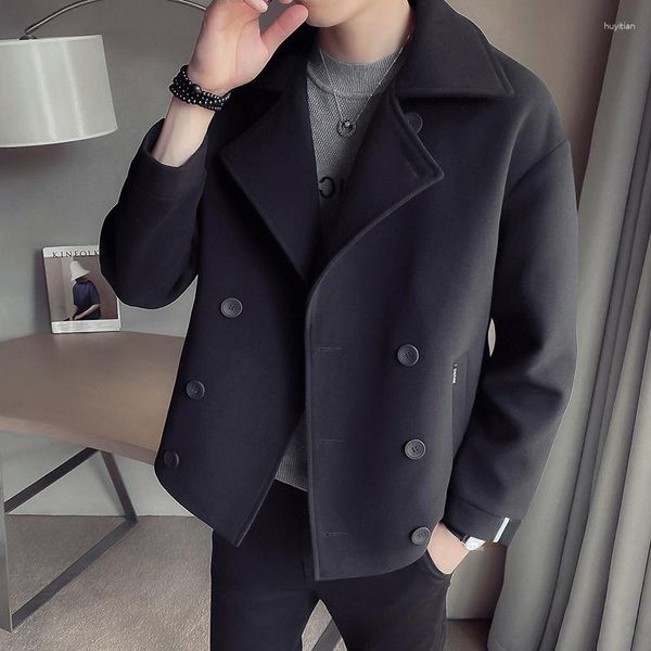 Giacche da uomo 2023 Cappotto in misto lana autunno e inverno Giacca a vento coreana Giacca casual corta allentata Social Solid Black