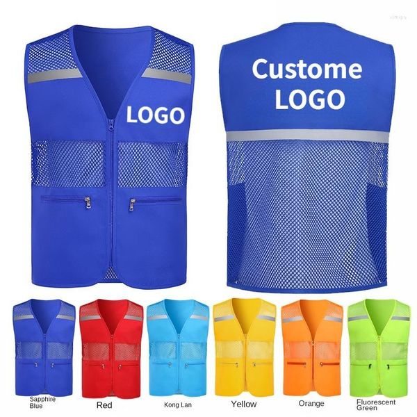 Coletes masculinos Custome DIY Logotipo Zipper Bolso Colete Impressão Imagem Texto Grade Reflexiva Homens e Mulheres Verão Respirável Jaqueta de Trabalho Top