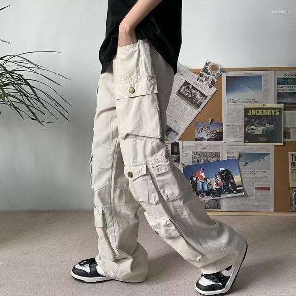 Calças masculinas americanas retro multi bolso trabalho terno y2k harajuku rua moda versátil barril reto cintura alta perna larga