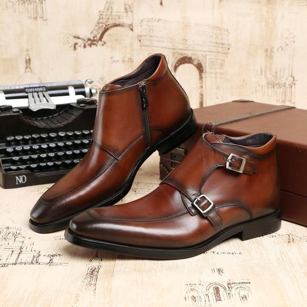 Botas de luxo homens tornozelo couro genuíno 2023 outono estilo designer moda fivela apontou toe homem vestido de inverno sapatos