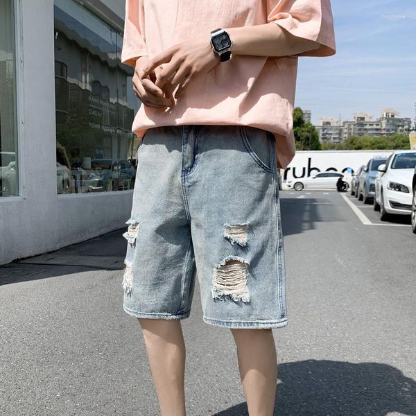 Männer Shorts Männer Kurze Jeans Blau 2023 Mode Ripped Herren Zerstört Loch Hohe Qualität Lose Beiläufige Gerade Denim