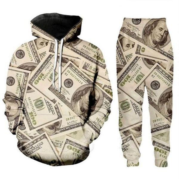 Nuovi uomini e donne modello di denaro dollari divertenti stampa 3D moda tute pantaloni hip-hop con cappuccio T09222D