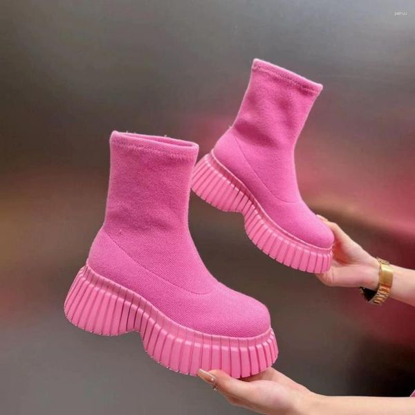 Bot kadın yuvarlak ayak ayak bileği platformu esnek tıknaz yüksek topuk çekiyor ayakkabı kızlar 2023