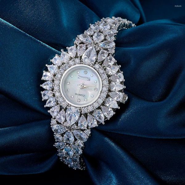 Браслеты-ссылки 015785 Роскошные женские часы с кубическим цирконием и браслетом с цирконием, часы для свадебной вечеринки, модные ювелирные изделия, изготовленные оптом
