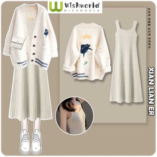 Zweiteiliges Kleid, koreanischer Cartoon-Strickpullover, Strickjacke, schmale Passform, hängend, elegante Damen-Party-Winter-Outfits