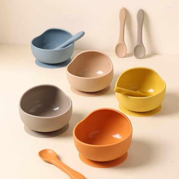 Louça tigela alimentação do bebê para crianças utensílios de mesa colher à prova dwaterproof água crianças com pratos coisas silicone sucção utensílios de cozinha