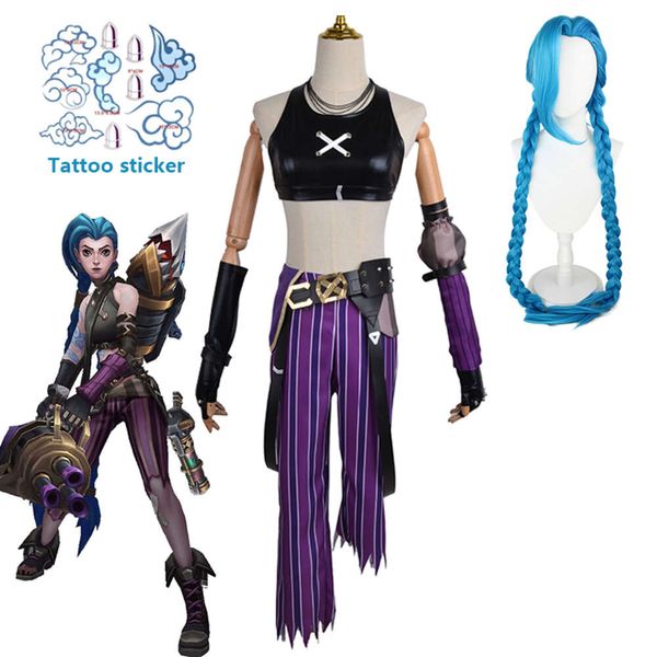 Anime jinx cosplay arcane league of legends cosplay traje sexy peruca tatuagem adesivo halloween carnaval festa traje para womencosplay