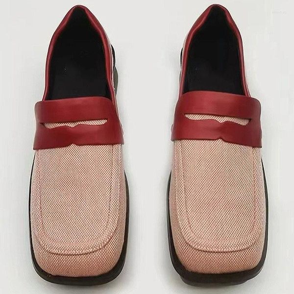 Scarpe eleganti Stile Preppy Décolleté con punta quadrata Piatto rotondo Tacco basso Slip-On Mocassini casual a blocchi di colore Donna Zapato De Tacon